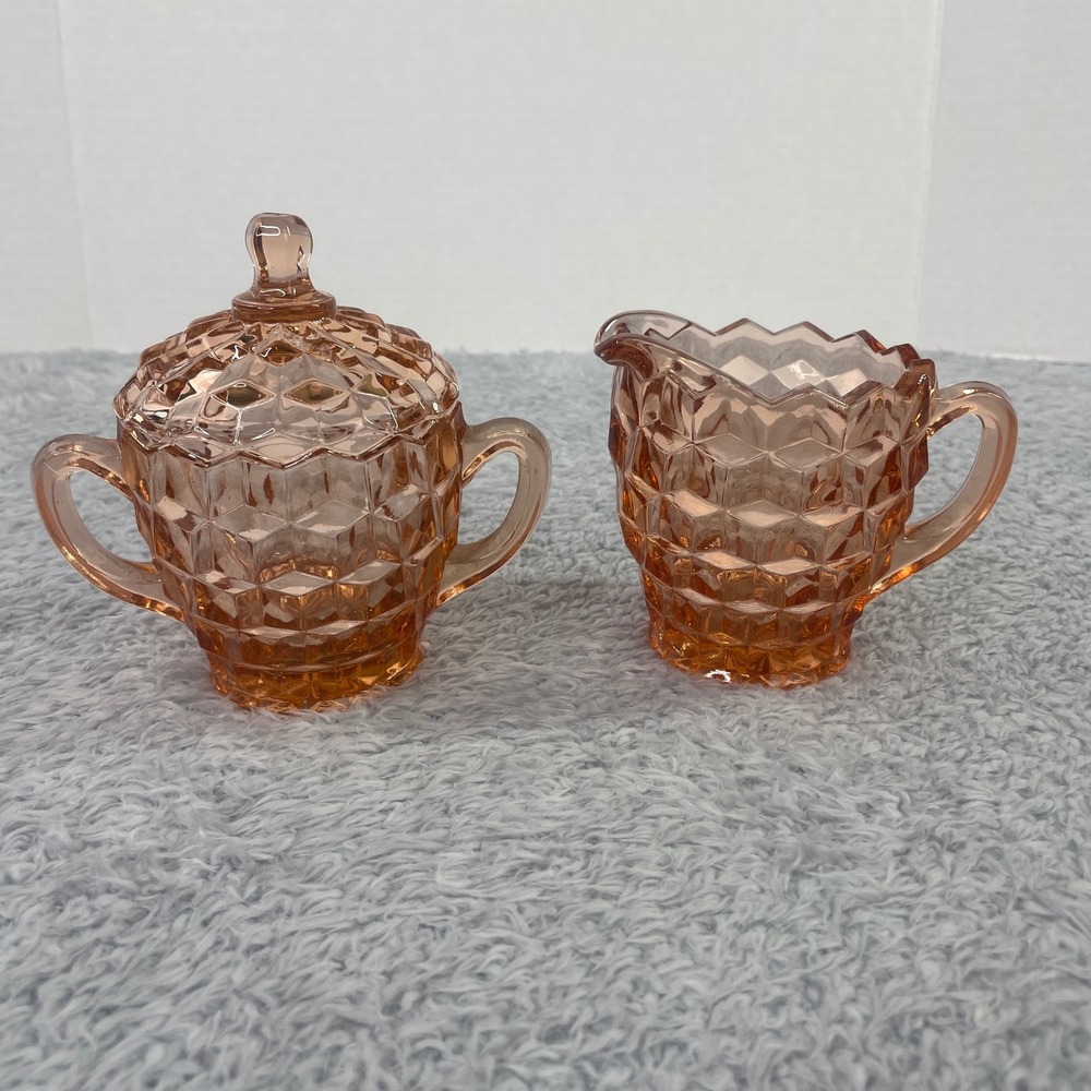 Vintage Jeanette Glass‎ Creamer Sugar Set Pink Diamond Cube Cubist Pattern